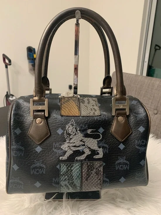 MCM Black Leather Satchel with Metallic Lion Graphic - Picture 2 of 11